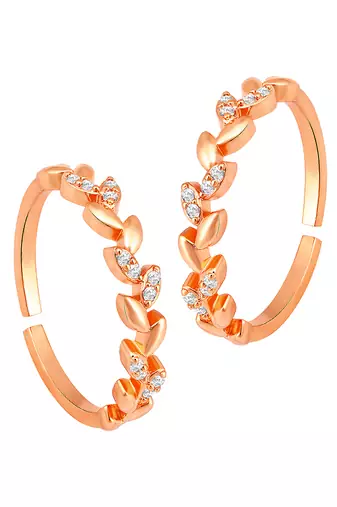 Rose gold plated cubic zirconia studded leaf style adjustable toe ring stylish