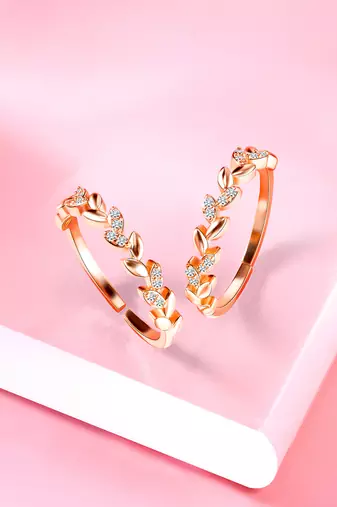 Rose gold plated cubic zirconia studded leaf style adjustable toe ring stylish