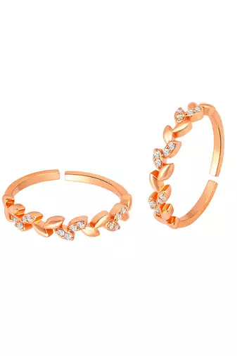 Rose gold plated cubic zirconia studded leaf style adjustable toe ring stylish