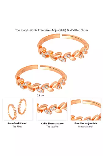 Rose gold plated cubic zirconia studded leaf style adjustable toe ring stylish