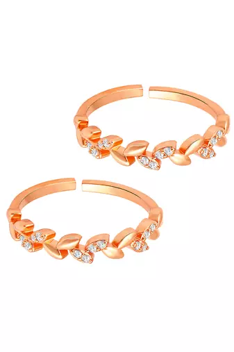 Rose gold plated cubic zirconia studded leaf style adjustable toe ring stylish