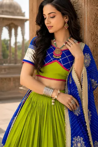 Green Pure Cotton Navratri Lehenga Choli with Vintage Dupatta