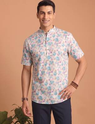 Multicolor printed cotton blend half sleeves short kurta for men 1