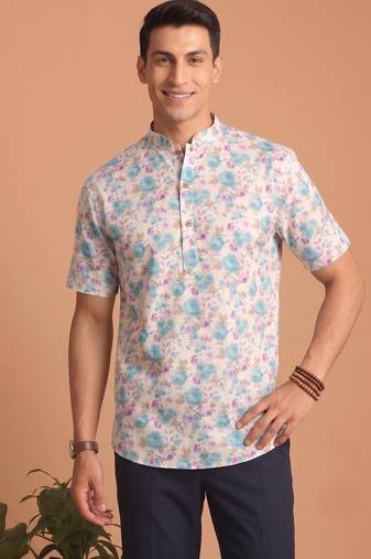 Multicolor printed cotton blend half sleeves short kurta for men