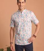 Multicolor printed cotton blend half sleeves short kurta for men