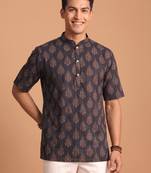 Multicolor printed cotton blend half sleeves short kurta for men