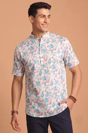 Multicolor printed cotton blend half sleeves short kurta for men