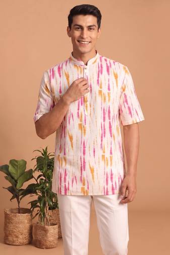 Multicolor printed cotton blend half sleeves short kurta for men