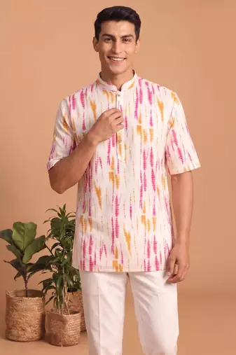 Multicolor printed cotton blend half sleeves short kurta for men