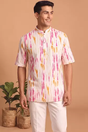 Multicolor printed cotton blend half sleeves short kurta for men