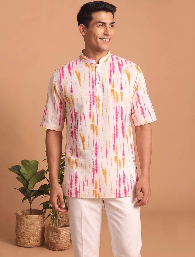 Multicolor printed cotton blend half sleeves short kurta for men