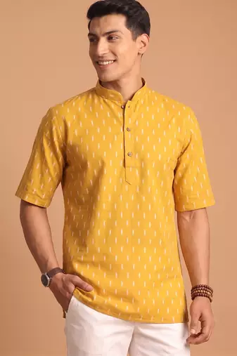 Multicolor printed cotton blend half sleeves short kurta for men