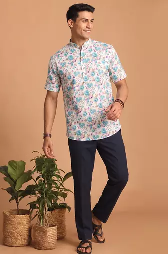 Multicolor printed cotton blend half sleeves short kurta for men