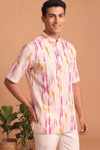 Multicolor printed cotton blend half sleeves short kurta for men