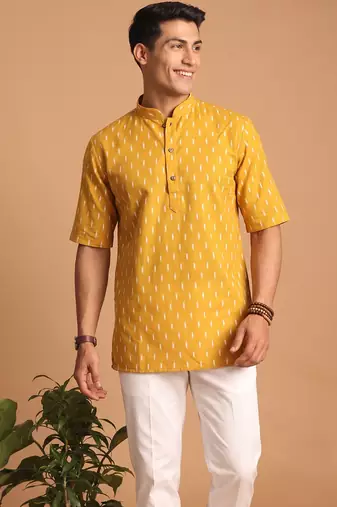 Multicolor printed cotton blend half sleeves short kurta for men