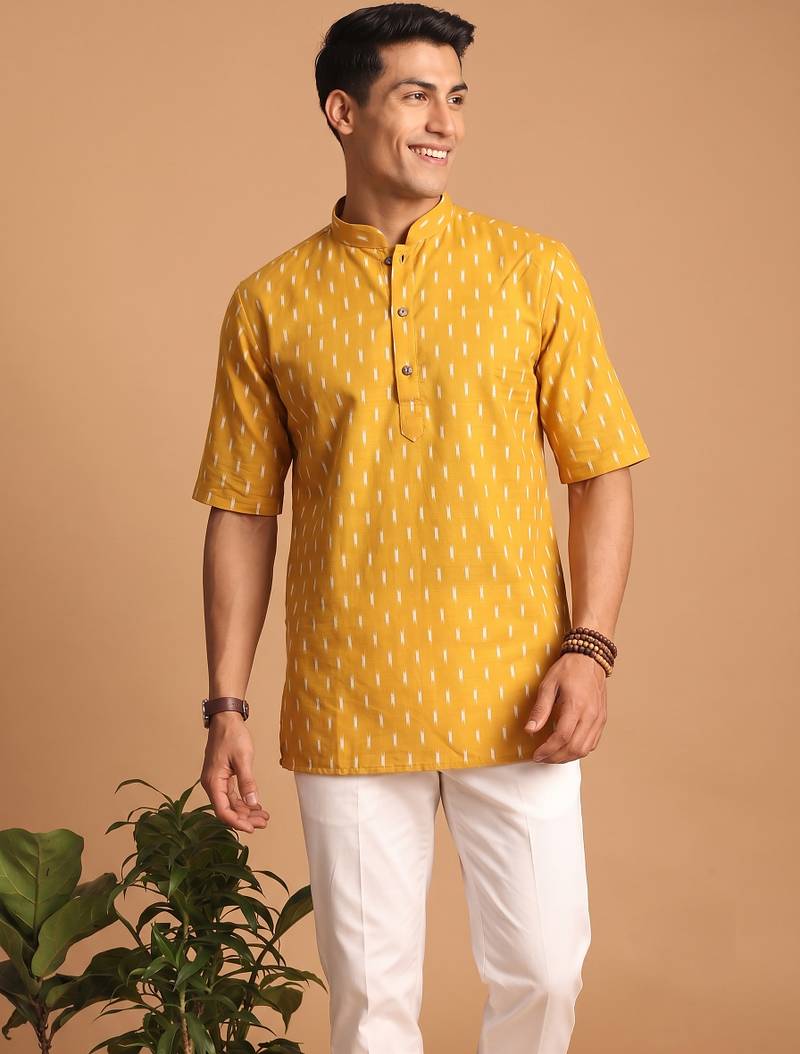 Multicolor printed cotton blend half sleeves short kurta for men