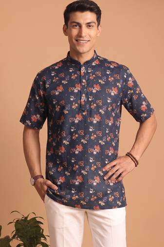 Multicolor printed cotton blend half sleeves short kurta for men