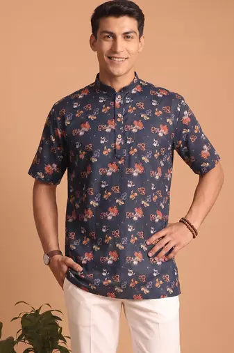 Multicolor printed cotton blend half sleeves short kurta for men