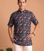 Multicolor printed cotton blend half sleeves short kurta for men