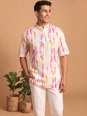 Multicolor printed cotton blend half sleeves short kurta for men 4