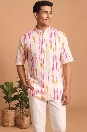 Multicolor printed cotton blend half sleeves short kurta for men
