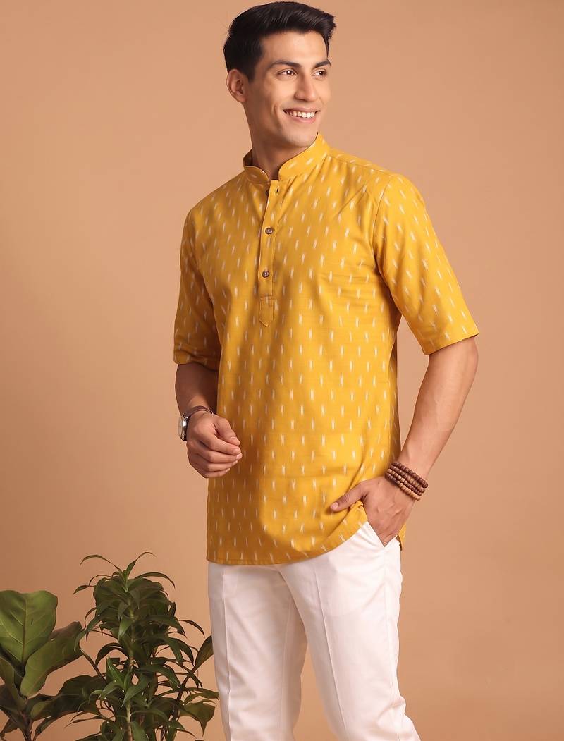 Multicolor printed cotton blend half sleeves short kurta for men