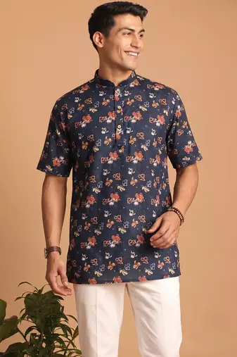Multicolor printed cotton blend half sleeves short kurta for men