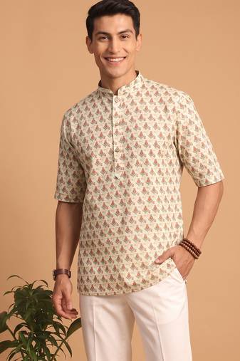 Multicolor printed cotton blend half sleeves short kurta for men