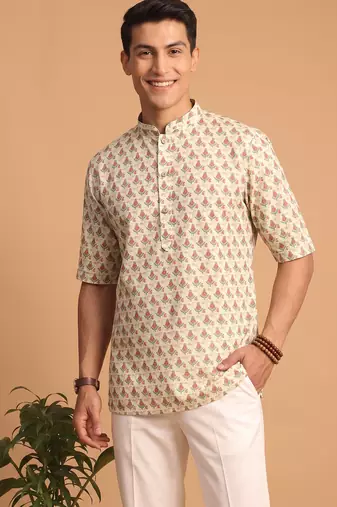 Multicolor printed cotton blend half sleeves short kurta for men