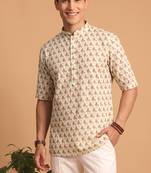 Multicolor printed cotton blend half sleeves short kurta for men
