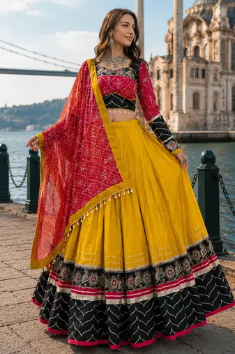 Mustard Rayon Cotton Navratri Lehenga Choli with Embroidered Dupatta
