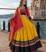 Mustard Rayon Cotton Navratri Lehenga Choli with Embroidered Dupatta