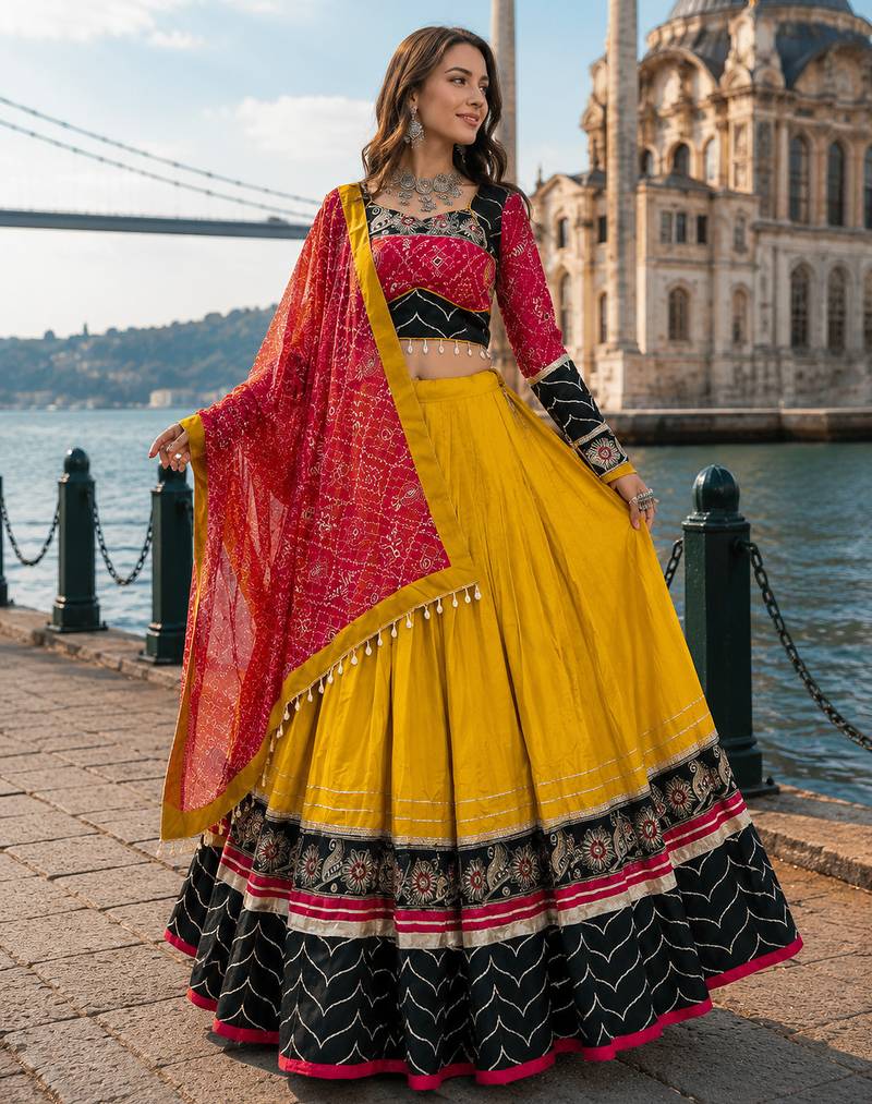 Mustard Rayon Cotton Navratri Lehenga Choli with Embroidered Dupatta