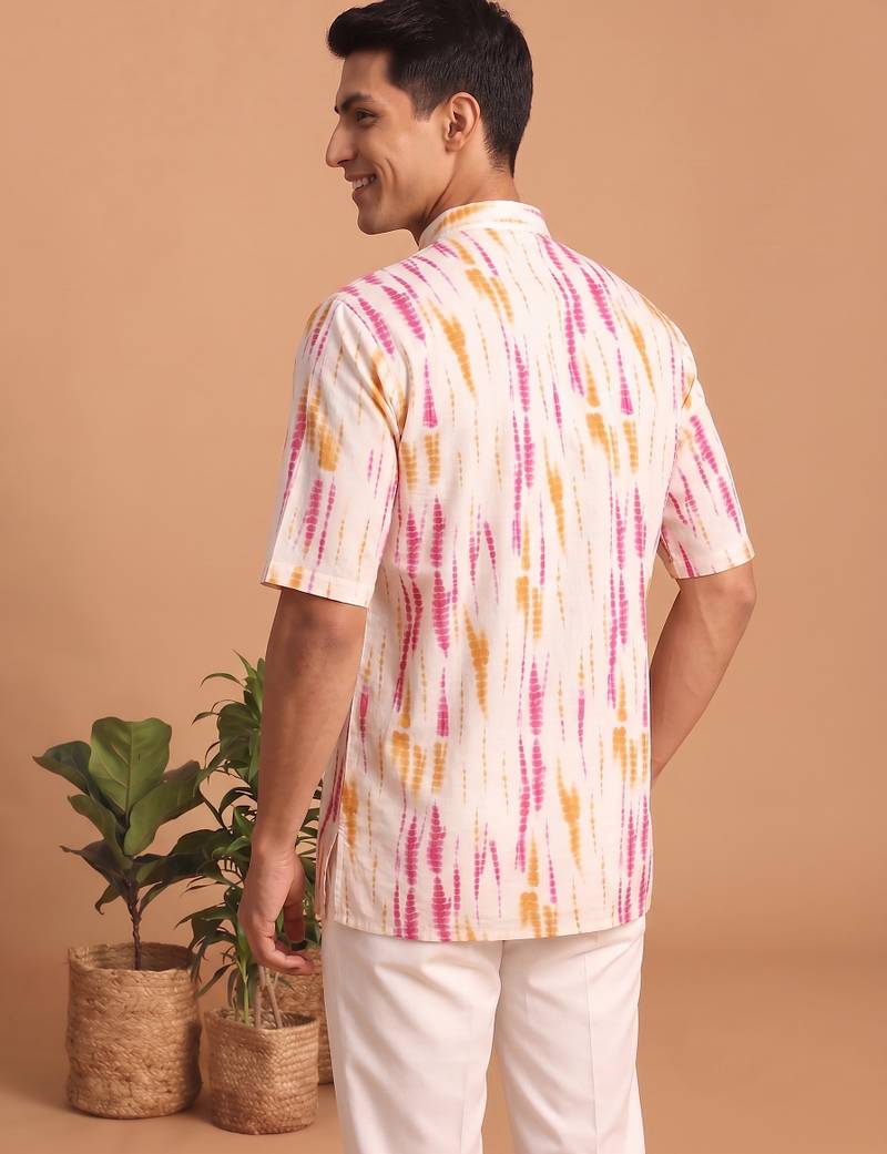 Multicolor printed cotton blend half sleeves short kurta for men