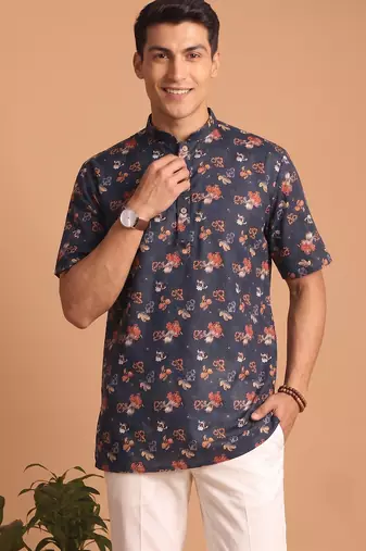 Multicolor printed cotton blend half sleeves short kurta for men