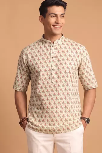 Multicolor printed cotton blend half sleeves short kurta for men