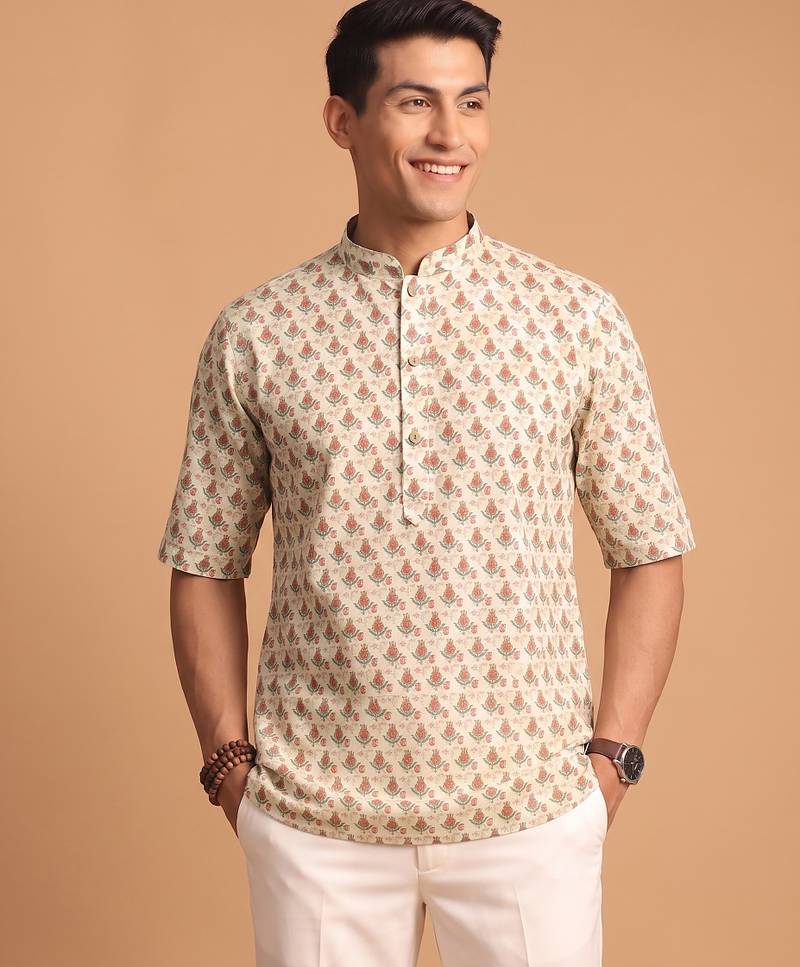 Multicolor printed cotton blend half sleeves short kurta for men
