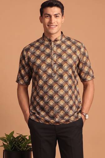 Multicolor printed cotton blend half sleeves short kurta for men