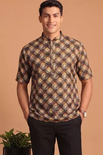 Multicolor printed cotton blend half sleeves short kurta for men