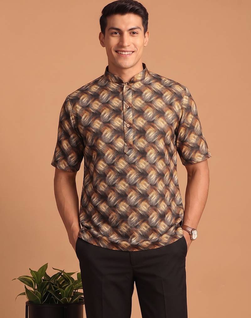 Multicolor printed cotton blend half sleeves short kurta for men