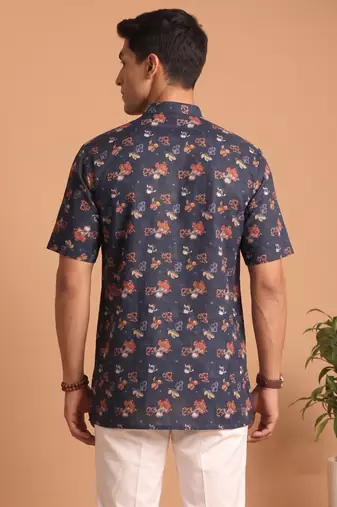 Multicolor printed cotton blend half sleeves short kurta for men