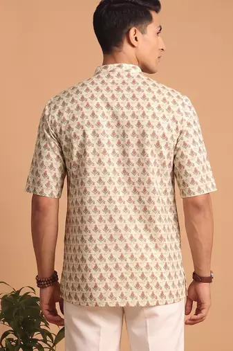 Multicolor printed cotton blend half sleeves short kurta for men