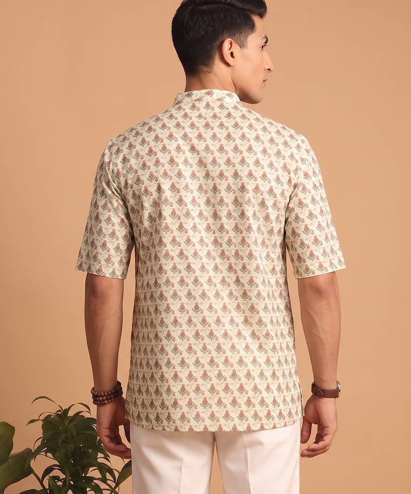 Multicolor printed cotton blend half sleeves short kurta for men