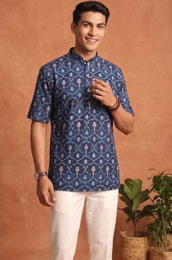 Multicolor printed cotton blend half sleeves short kurta for men