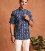Multicolor printed cotton blend half sleeves short kurta for men