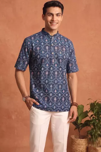 Multicolor printed cotton blend half sleeves short kurta for men