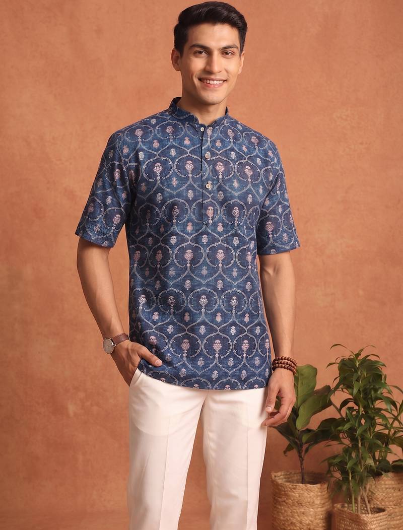 Multicolor printed cotton blend half sleeves short kurta for men