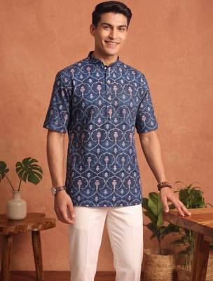 Multicolor printed cotton blend half sleeves short kurta for men 3