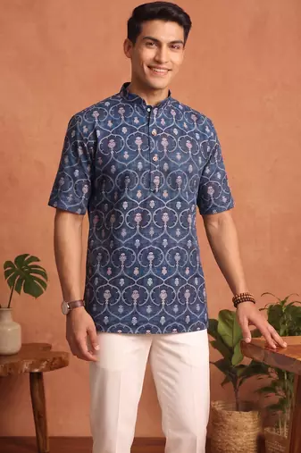 Multicolor printed cotton blend half sleeves short kurta for men