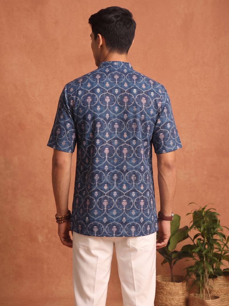 Multicolor printed cotton blend half sleeves short kurta for men